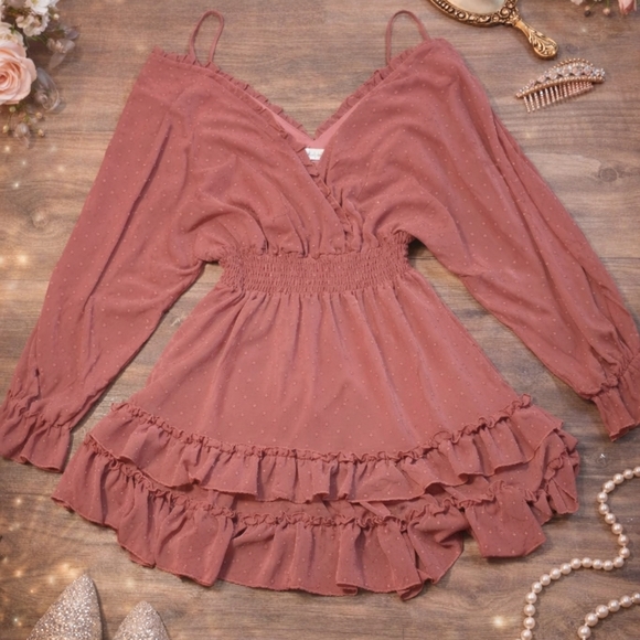 Altar'd State Dresses & Skirts - Altar’d State Dusty Rose Swiss Dot Romper Small Ruffle Smocked Waist